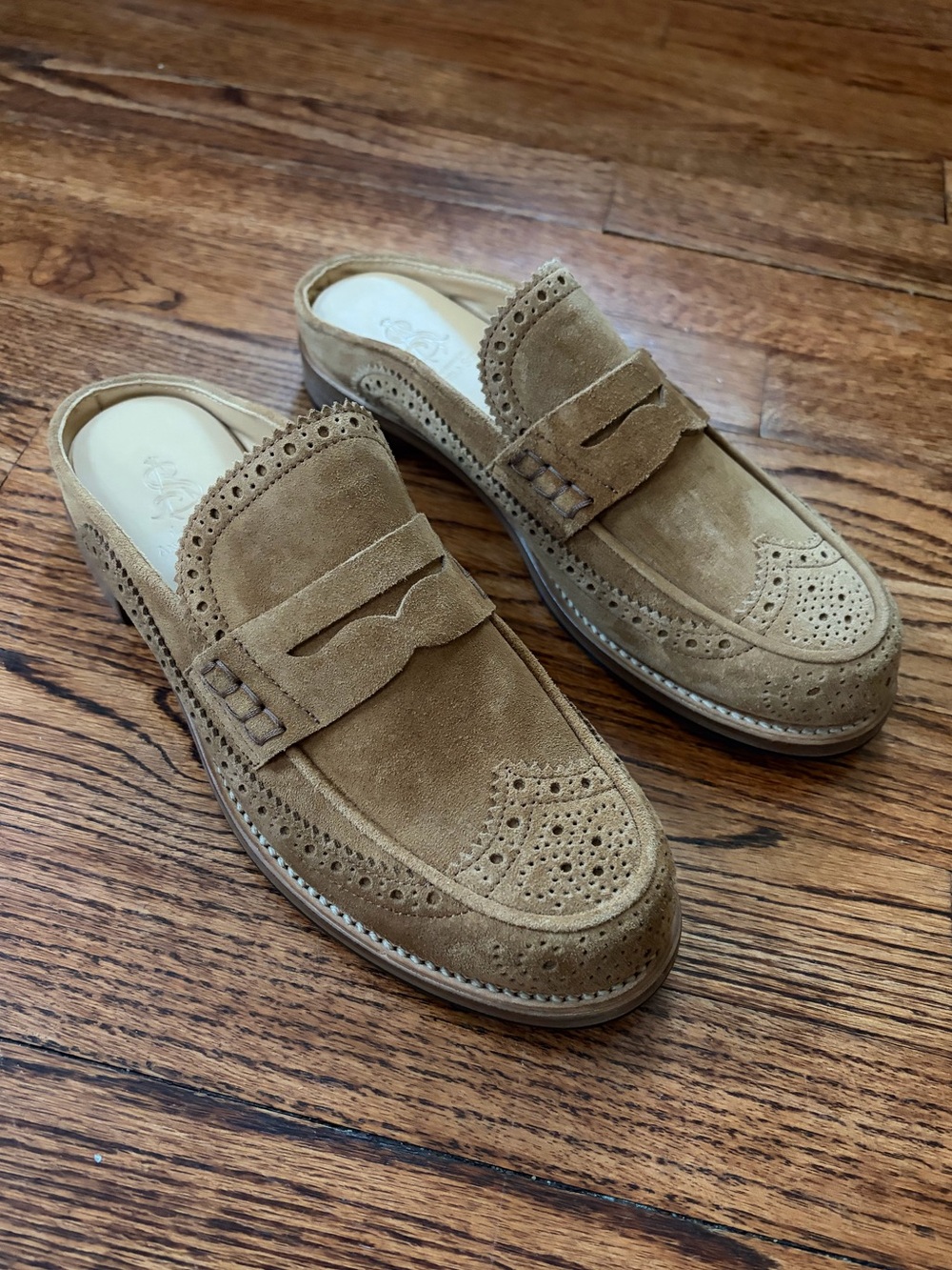 THE OFFICE OF ANGELA SCOTT Miss Emma Wingtip Mule Cognac Suede Tan Size 38 - Picture 2 of 15